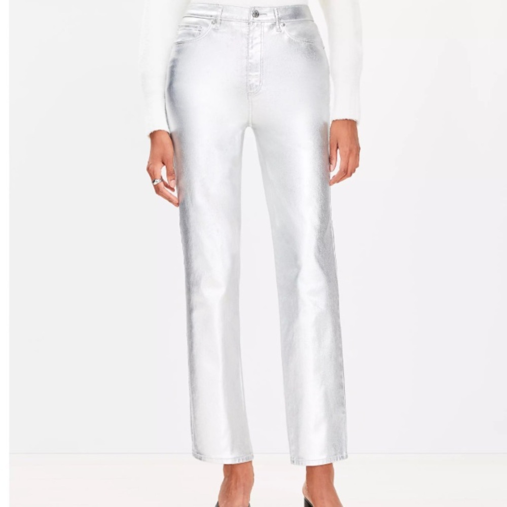 LOFT Coated Kick Crop Jeans in Silver Metallic NWOT